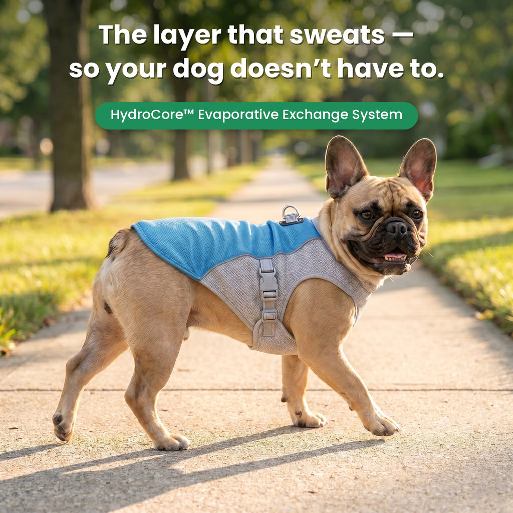 French Bulldog wearing the CoreKool HydroCore cooling vest on a summer walk — the layer that sweats so your dog doesn't have to