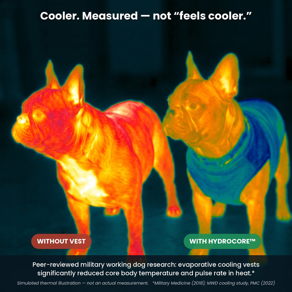 Simulated thermal illustration of evaporative cooling — peer-reviewed military working dog research shows reduced core temperature
