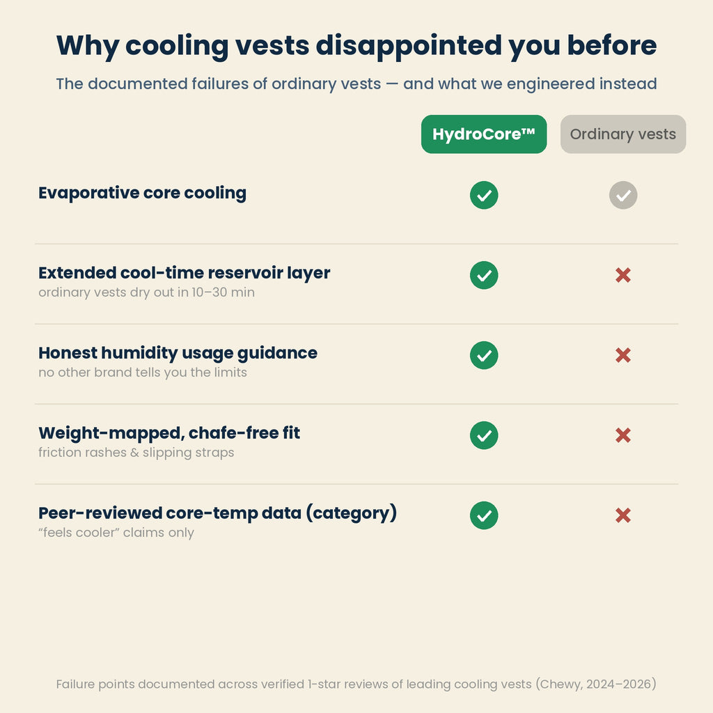 HydroCore vs ordinary cooling vests comparison: extended cool-time, honest humidity guidance, chafe-free fit