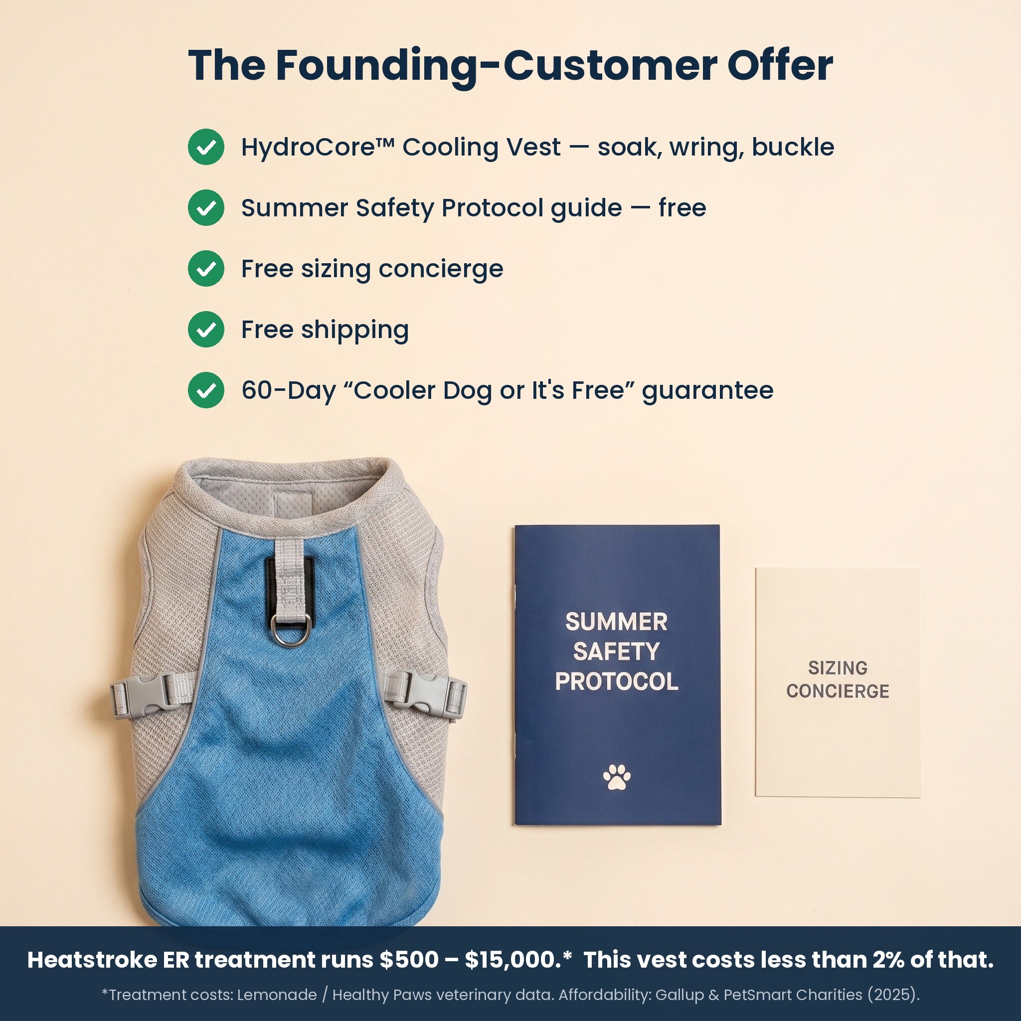 Founding-customer offer: vest, Summer Safety Protocol guide, sizing concierge, free shipping, 60-day guarantee